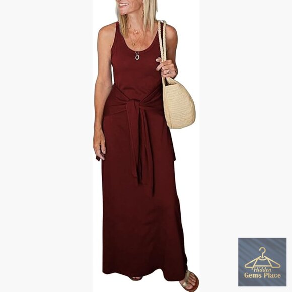 Dresses & Skirts - Sleeveless Maxi Wrap Dress Tie Waist Slim Fit Casual Summer Tank